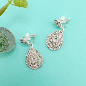 CLIP ON Small Pear Shape Clear Rhinestone  Earrings